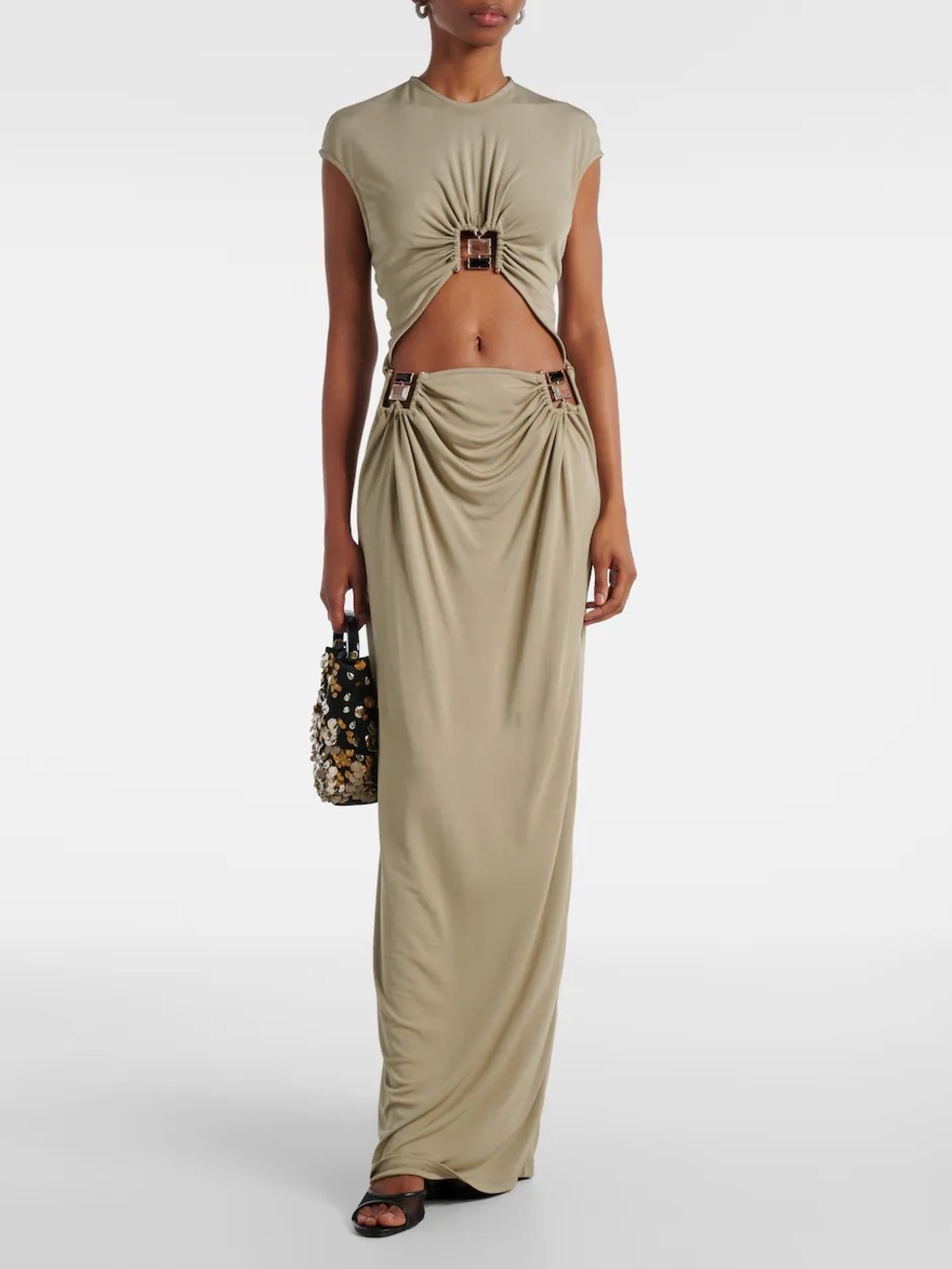 New Christopher Esber Duo Bezel Quartz Jersey Maxi Dress In Sage Green - Picture 7 of 16